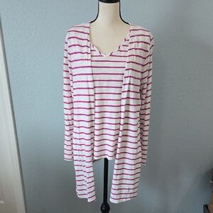 CHICO'S The Ultimate Tee Tank & Cardigan Set White & Pink Striped Sz 2 Large